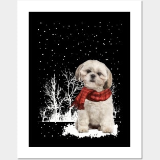 Christmas Shih Tzu With Scarf In Winter Forest Posters and Art